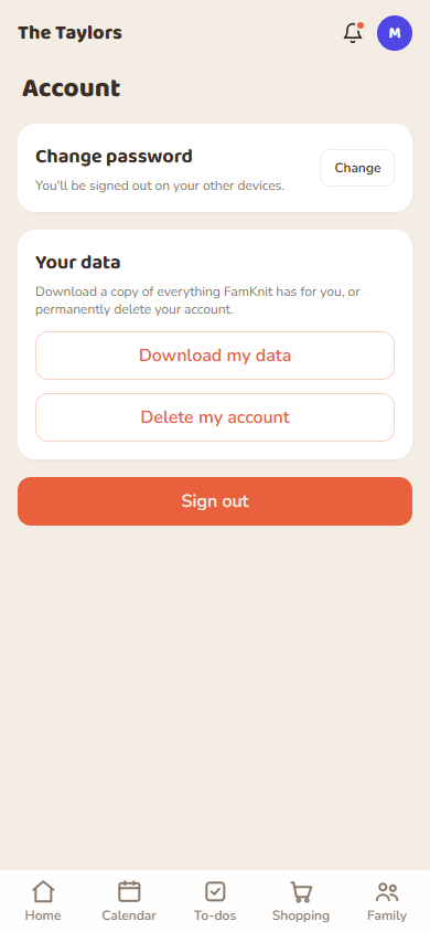 Manage account: Change password, Your data, and Sign out.