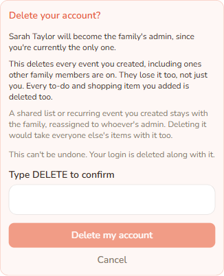 Opening “Delete my account” explains exactly what it affects before anything happens.