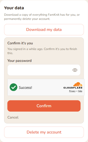 Downloading your data after signing in a while ago: confirm first, and the download starts on its own.