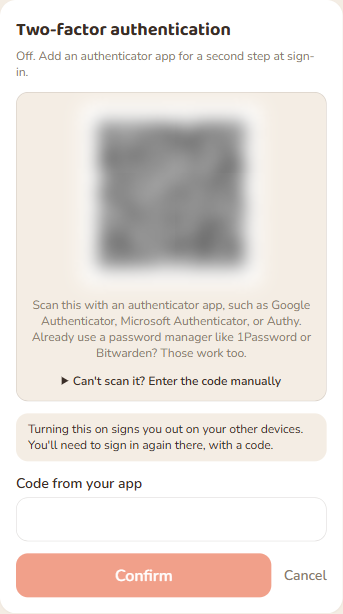 Turning it on in Settings: scan the QR code (blurred here) or type the setup key in by hand, then enter the code your app shows.