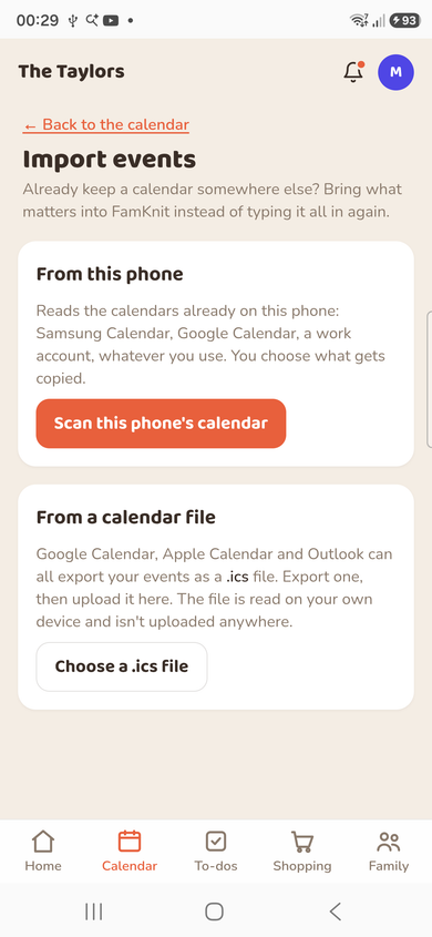 Both options, as they appear in the phone app. In a web browser the first one explains where it lives instead, because a browser can't see your phone's calendar.
