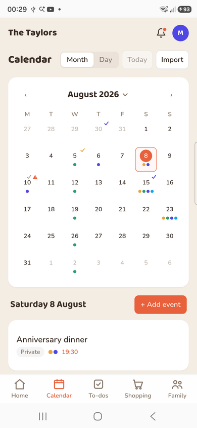 Import sits next to Today, at the top of the Calendar tab.