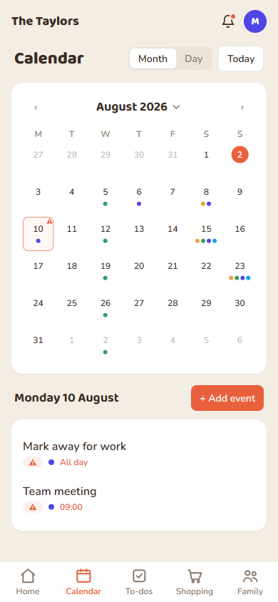 Two saved events on the same day both showing the red conflict mark.