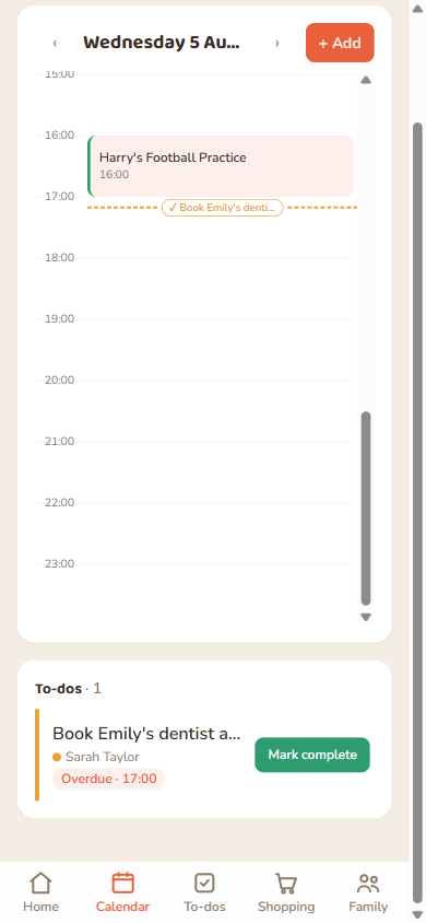 Day view showing a to-do's due time on the hour grid, and the day's to-dos listed underneath.