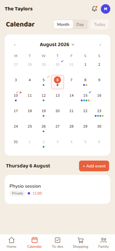 Month view. Coloured dots per attendee, a recurring event on Wednesdays, a conflict warning on the 10th, and coloured to-do check marks next to a couple of dates.