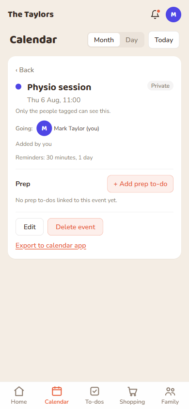 A private event's detail sheet, visible only to whoever's tagged.