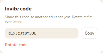 The invite code card, with Copy and Rotate code.