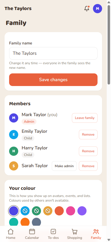 The Family tab's member list: roles, colours, and admin-only Remove/Make admin controls.