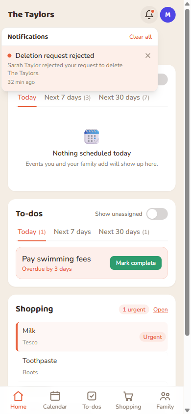 The notification bell dropdown, with Clear all.