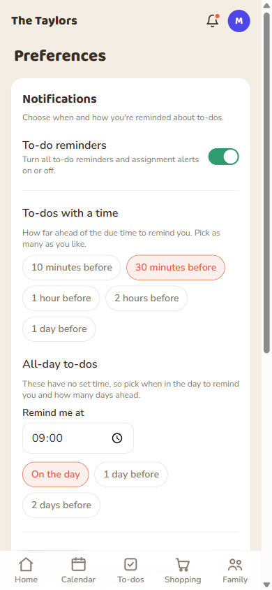 The Preferences page: master toggle, timed offsets, and all-day reminder time.
