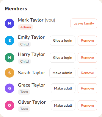Teens are labelled on the Members list, with Make adult beside them.