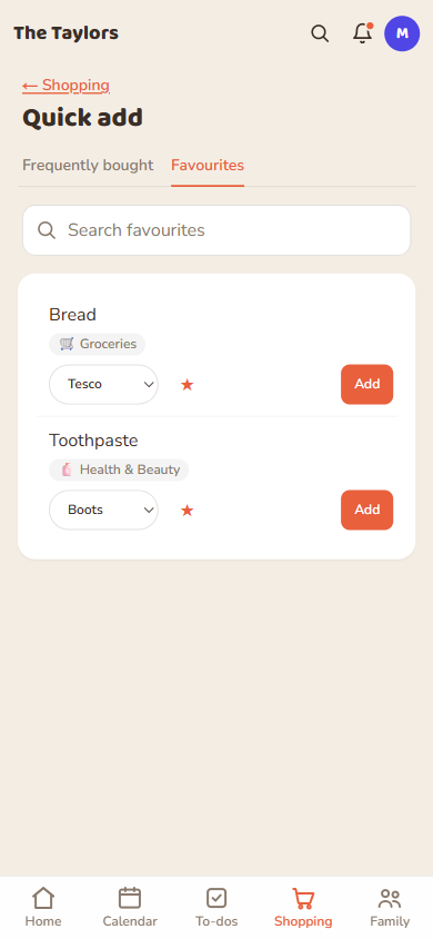 Favourites: hand-picked items, starred from either tab or from an item's ⋯ menu.