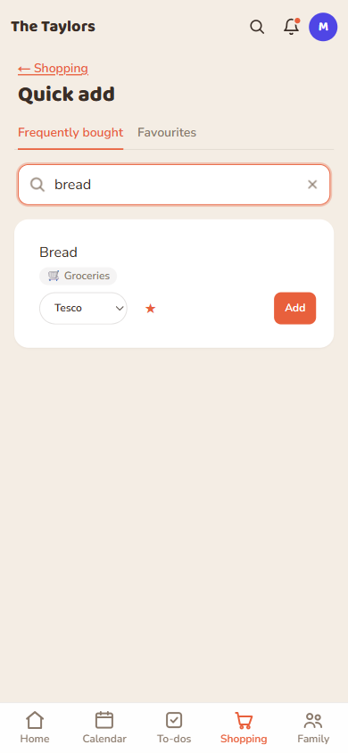 Typing “bread” narrows Frequently bought to just the matching item.