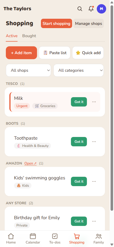 Grouped by shop, including a linked online shop, an urgent item, and a private item.