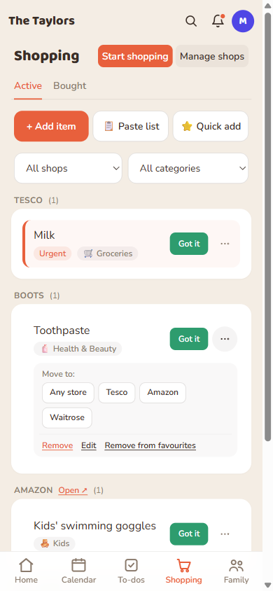 An item's More actions menu open: Move to a different shop, Remove, Edit, and star it for Favourites.