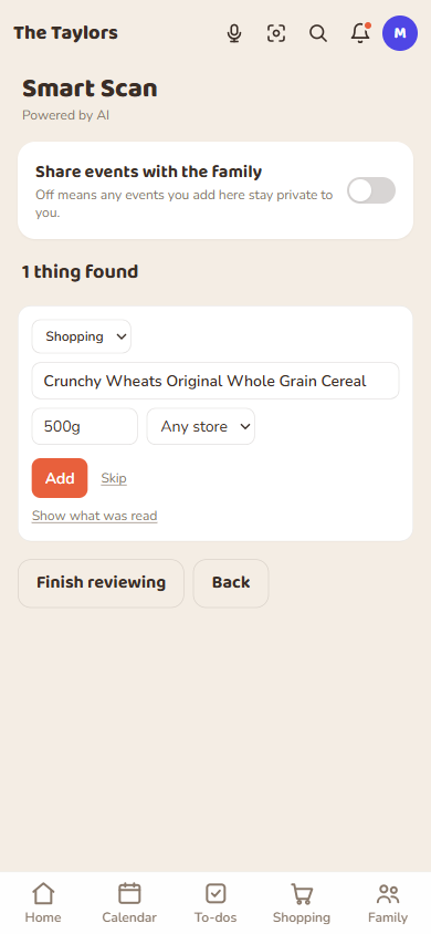 A cereal box, read straight into a shopping item with its size already filled in.