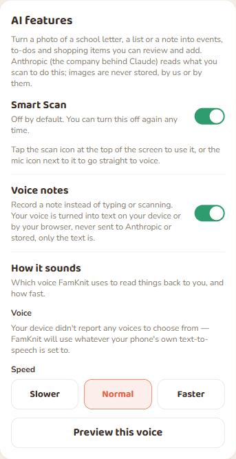 Preferences → AI features. Smart Scan and Voice notes are separate switches, and either can be turned off again at any time.