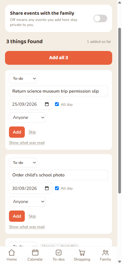 Already added one, two still to review. The heading and the Add all button update as you go.