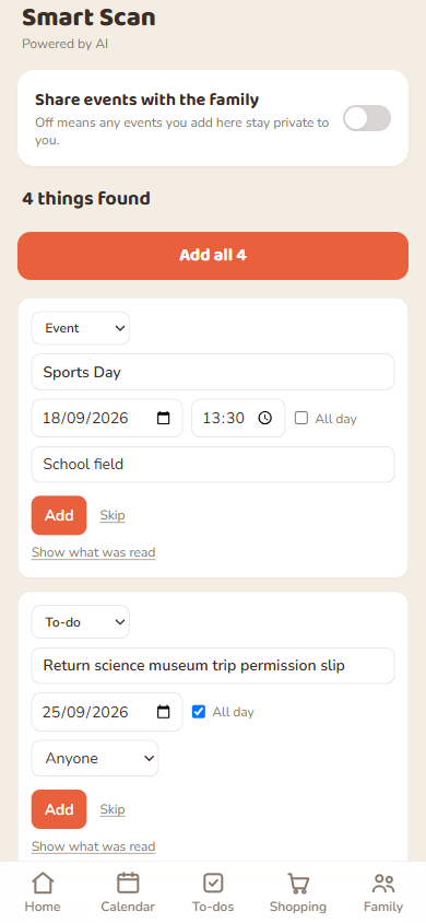 A school letter scan: an event and two to-dos found, ready to check and add.