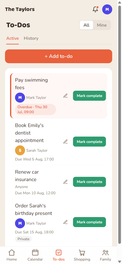 Active to-dos: overdue first, showing assigned, unassigned, and private examples.