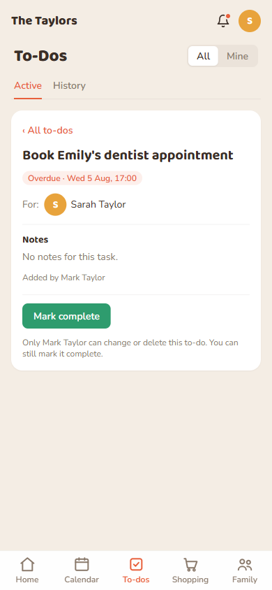 A to-do someone else added. There's no edit button, but you can still mark it complete.