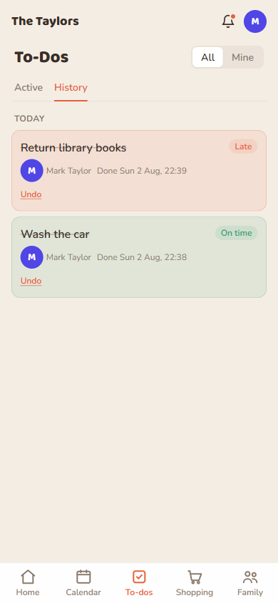 History: green for on-time, coral for late, with Undo.
